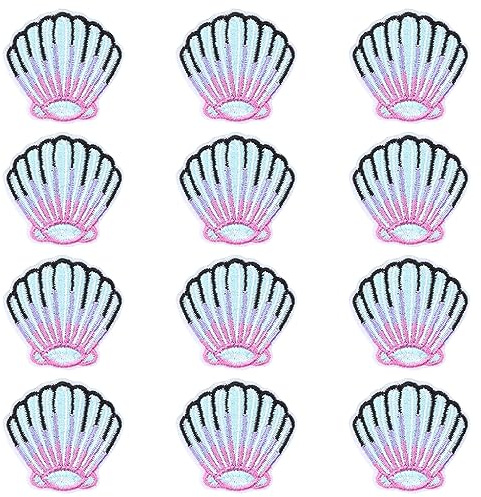 JKJF 12 Stück Muscheln Patches Seashell Aufbügeln Bügelbild Muscheln Aufnäher Applikation Meerestiere Stickerei Patches für Kleidung Rucksack Schuhe Jacke Jeans Hut Kleid