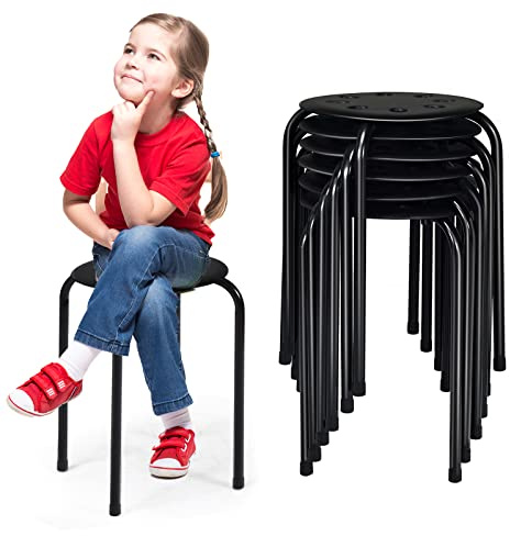 RELAX4LIFE - Juego de 6 taburetes apilables con marco de metal, taburetes para niños adultos, taburetes redondos ligeros para cocina, oficina, salón, altura de asiento 44 cm, carga 100 kg, color negro