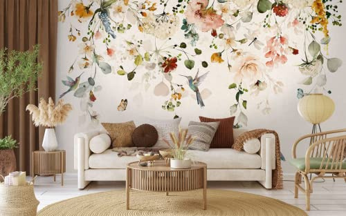 Naturempress Papier Peint Panoramique 400X255（LXH） Oiseau Fleuri Aquarelle Papier Peint Intissé 3D Tapisserie Poster Decoration Murale Chambre Salon
