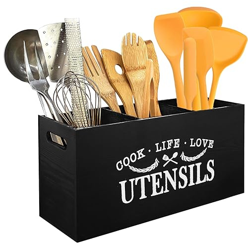 Wooden Utensil Holder Bamboo Organiser Kitchen Utensils Cutlery Holder with 2/3 Compartments, Wood Cutlery Caddy Holders, Cooking Tools Set Storage Pots (Black with 3 Compartments)