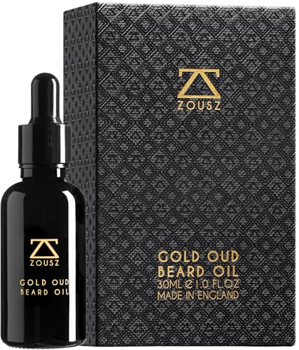 ZOUSZ Aceite para barba - Cuidado masculino Gold Oud con aceites de aguacate, argán y macadamia - Suavizante e hidratante no graso para peinar - Regalo vegano para hombres 30 ml