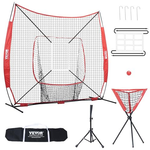 VEVOR Filet d'Entraînement de Baseball Softball 244x211 cm, Filet pour Frapper, Attraper, Lancer, Équipement de Baseball avec Cadre d'arc, Sac de Transport, Zone de Frappe, Balle, Tee, Collecteur