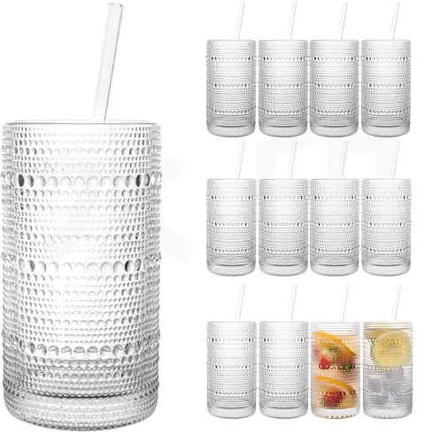 Dingerjar Upgraded Large Capacity 16 oz/480 ml Hobnail Glasses Drinking Set of 12 - Heavy Vintage Glassware