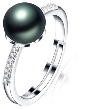 BISONBLUE Bague Femme Bagues Hommes Cadeaux Bague Tendance 925 Avec Zircon Brillant, Perle D'Eau Douce Naturelle De 7 À 8Mm, Noire