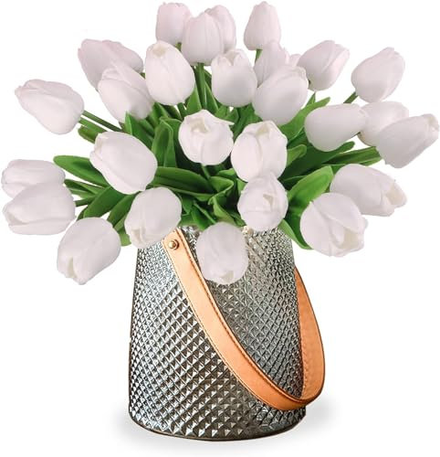 Danduolai Multicolor Tulips Artificial Flowers Faux Tulip Stems Real Feel PU Tulips for Easter Spring Wreath Wedding Bouquet Centerpiece Table Decor (12pc White)