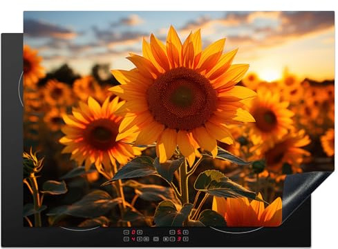 KitchenYeah© Coperchio Piano Cottura Cucina Copri Fornelli Tappetino | 75x52 cm - Induzione Antiscivolo Piastra Protezione Fiori - Girasole - Tramonto - Giallo