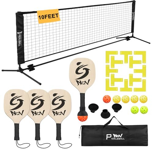 NQV Pickleball-Netz-Set für halben Platz, 3 m Netz, 4 Holzpaddel, 8 Bälle, 4 Ball-Retriever, 1 Platzmarkierungs-Set, 1 Tasche, Pickleball-Set für Auffahrt, Erwachsene, Anfänger, Profis