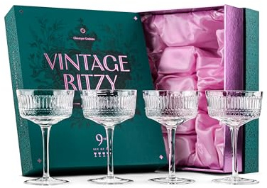 GLASSIQUE CADEAU Vintage Ritzy Cocktail and Champagne Coupe Glasses | Set of 4 | 7 oz Crystal Long Stemmed Glassware for Drinking Martini, Cosmopolitan, Manhattan | Retro Saucers