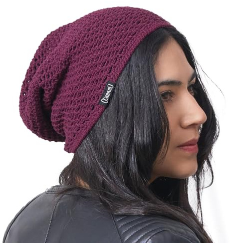 CHARM Leichte Crochet Sommermütze Herren, Dünne Mütze Damen aus 100% Baumwolle, Long Beanie Beret Cap, Handgefertigte Strickmütze Mesh Häkelmütze