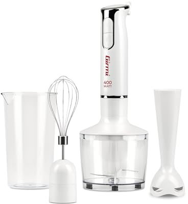 Girmi MX17 - Batidora de mano 3 en 1, 400 W, motor CC, 2 velocidades, cuchillas de acero inoxidable, vaso medidor de 700 ml, color blanco