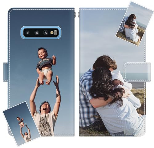 JGOYGYI Personalisierte Leder Handyhülle kompatibel mit Samsung Galaxy S10 4G,Individuelle Eigenem Foto Bild Text Bildern Foldable Flip Klapphüllen Case hülle+Handykette
