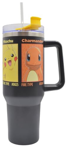 HOX Pokemon Gobelet isotherme en acier inoxydable avec paille et poignée pour eau, thé glacé, café ou smoothie 1200 ml