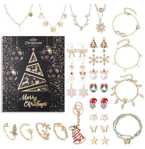 Schmuck-Adventskalender 2024 | 24 Stück trendiger Schmuck-Adventskalender für Erwachsene, Frauen, Teenager, Mädchen | Weihnachtsschmuck Countdown-Kalender mit Halsketten, Armbändern, Ohrringen, Ringen