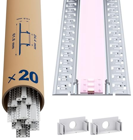 GEEKLUX 20 x LED Alu Profil für LED Streifen 2m, Led Schiene für Trockenbau, Für Stripes bis 20 mm Breite oder Zwei LED Stripes, Mit Diffusor aus Halbtransparentem PC - 61.8 x 13.8mm