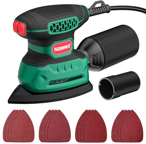 SORAKO Electric Sander,220W 14000 OPM 230V Sander for Wood with Dust Collector and 16 Pieces of Sandpaper, Compact Sanding Machine is Perfect for Sanding, Polishing in Small Spaces