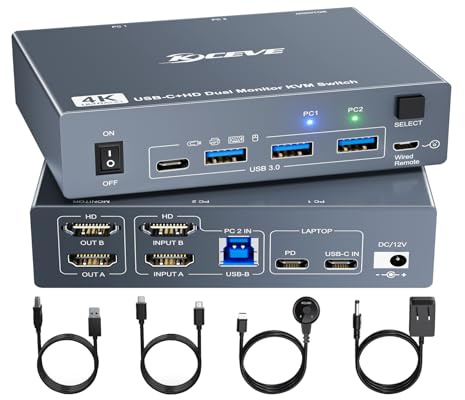 KVM Switch 2 Monitors for 1 Laptop and 1 Desktop 4K@60Hz, USB C HDMI Dual Monitor KVM Switch,Docking Station KVM Switches with 4 USB 3.0 Port, 80W PD Charging, Wired Remote and USB-C Cable Included
