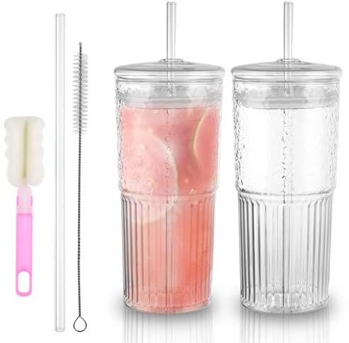 ZOFUN 2 Pcs Glass Tumbler with Straw and Lid, 650 ml/22 Oz Iced Glass Cup with Straws, 8.5 x 17 cm Glass Bottle with Straw with 150℃ Heat Resistant, Clear Glass Drinking Cup for Cold and Hot Drinks