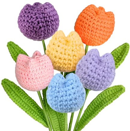 Crochet Tulips Artificial Flowers - 6Pcs Cotton Knitted Flowers Wool Bloom Tulips as Crochet Silk Fake Flowers, Cotton Knitted Tulipanes Soft Finished Gift for Home Office Table Decor Mother's Day