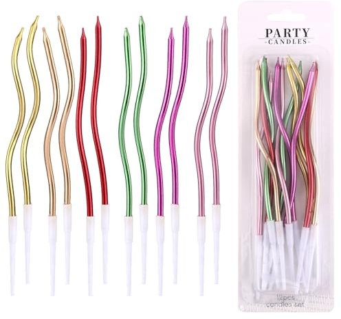 lasuroa 12pcs Spiral Cake Candles, Twist Slim Long Birthday Cake Candles Velas Themed Party Cupcake Decoration with Stand for Birthday Wedding Anniversary (Colorful)