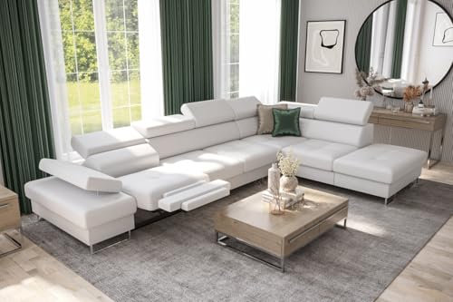 Friderik Galaxy Relax Canapé d'angle, 225 x 350 cm, en cuir synthétique Madrit, coffre de lit, fonction relaxation, appuie-têtes et accoudoirs réglables, blanc, droite