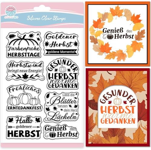 GLOBLELAND Deutscher Herbstsegen Text Transparente Silikonstempel Fallende Blätter Grüße Klare Stamps Kürbis Silikonstempel Für Kartengestaltung DIY Prägung Journaling Erntedankfest
