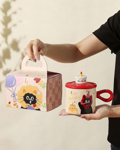 380ML Cute Cake Cat Ceramic Mug, Comes with Gift-Ready - Perfect for Birthdays & Daily Sips (Red)