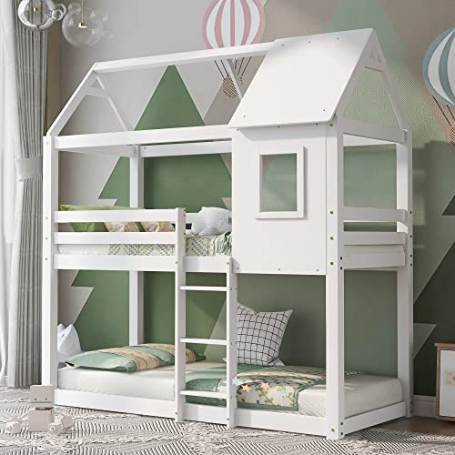 Miyemo Bunk Bed for Kids, 3ft Single Bed Frame with Staircases & Parapet, Children Cabin Bed with Window, Twin Sleeper, Solid Pine Wood, 90 * 190cm, White, (No Mattress)