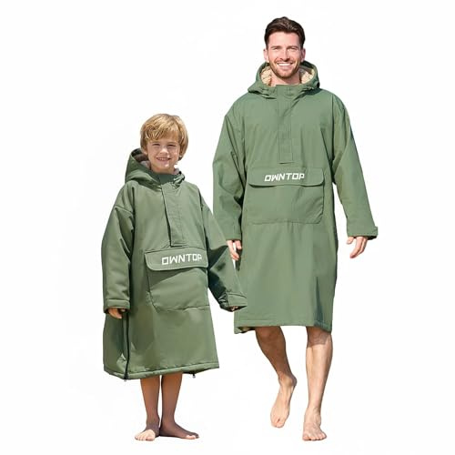 Owntop Wickelmantel für Erwachsene – Wasserdichter Halbreißverschluss-Trockenmantel mit Sherpa-Fleece-Futter | Winddichte Kapuze mit Kordelzug | Übergroßer Wärmemantel für Schwimmen Surfen (Grün,M)