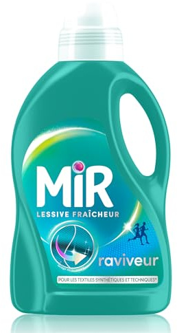 Mir, Lessive liquide fraicheur, Formule unique 3en1, Raviveur lavage après lavage, Neutralise les mauvaises odeurs, Préserve l'elasticité des fibres,Pour textiles synthetiques et techniques,27 lavages