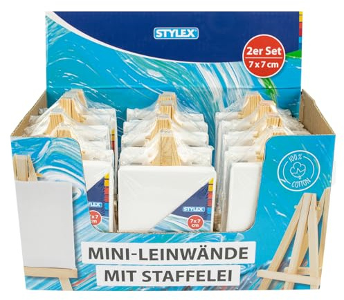 Stylex 28672-P12 - Mini Leinwand mit Staffelei, 24 Stück mit 100% Baumwollgewebe bespannt, Größe 7 x 7 cm, grundiert, rückseitig geheftet, für Öl-, Acryl-, Gouache- und Temperafarben