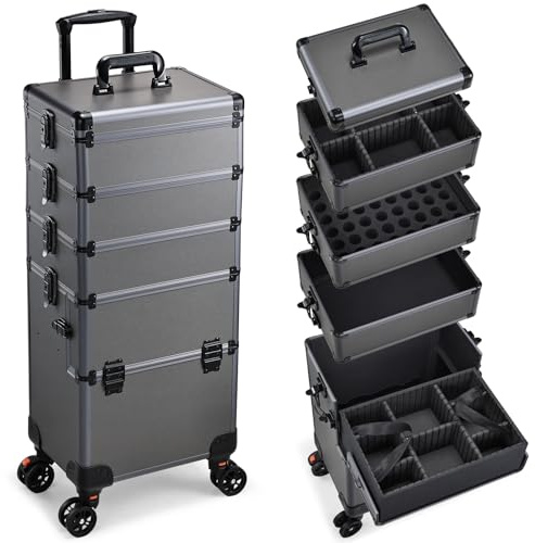 Yueieoun 5 in 1 Makeup Train Case, Cosmetology Case on Wheels Travel Make up Case Rolling Nail Cart Makeup Organizer Cosmetic Storage Box Cases Extra Large Trolley Truck, 360° Swivel Wheels, Ashy Grey