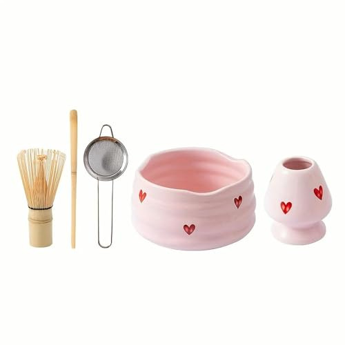 QIUMING Ensemble de 5 pièces de Matcha en céramique avec décalcomanies en Forme de cœur Rose, Joli Ensemble de Matcha Comprenant Un Bol à Matcha, Un Fouet à Matcha et Une cuillère à thé