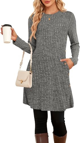 SENBATU Robe Pull d'hiver à Manches Longues pour Femme Tunique boutonnée avec Poches
