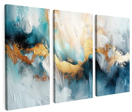 MuchoWow© Wandbilder Set 3 Teilig Schlafzimmer Home Deko Wohnung Bild | 180x120 cm - Wohnzimmer Fotoleinwand Wand Bilder Leinwand Wall Decor Blau - Abstrakt - Weiß - Gold - Farbe