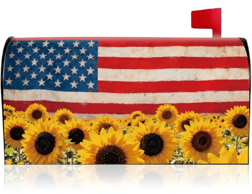 VISSTREE Patriotic Sunflower Mailbox Cover, America Flag Mailbox Cover