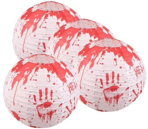 CLISPEED 4 Pcs Halloween Bloody Paper Lanterns Hanging Decorations, Red Handprint Festival Party Lantern Ornaments for Spooky Indoor Outdoor Halloween Decor