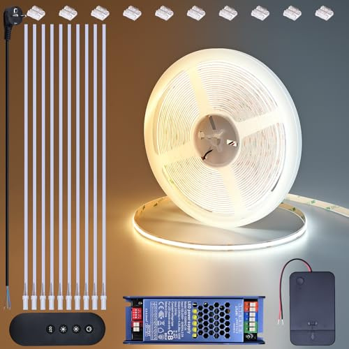 BENLUN CCT COB LED List 24V 10m Klippbar CRI 93 med Dimmer och Nätaggregat | 3000K 4000K 6000K Dimbart Vit LED Strip Lights Självhäftande 80W för Sovrum, Akustikpaneler, Köksskåp, Gaming, Garderob