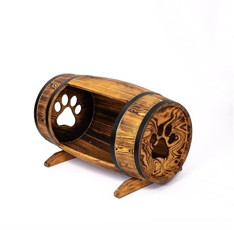 CREATIVE COOPER Hundehütte, Hundehaus aus Holz in Fassform, Hundezwinger im rustikalen Stil, massiv und elegant 80x50 cm, Hundebett für kleine Hunde