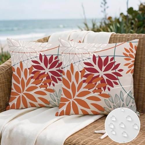Artscope Outdoor Waterproof Orange Red Cushion Covers Geometric 50x50cm Set of 2 Blue Green Dahlia Floral Pillowcases Outdoor Flowers Pillow Covers for Patio Garden Bench Sofa Farmhouse Decor