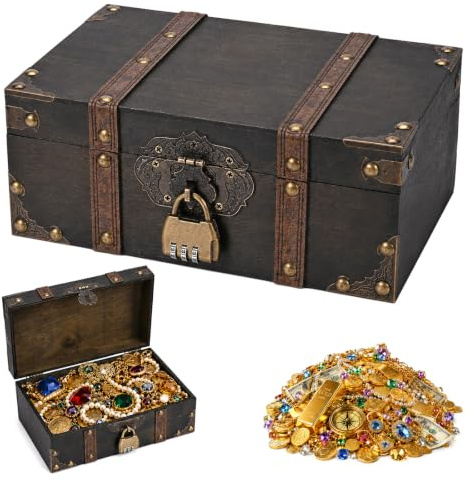 24x17x10cm Vintage Schatztruhe Box Holz Schatzkiste mit Schloss Schatzbox | für Kinder Piratentruhe Kindergeburtstag Piratenkiste Piraten Holztruhe Holzkiste fürSchatzsuche Schmuckkästchen Holzkästchen