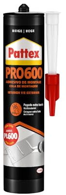 Pattex PRO600 Adhesivo de montaje a base de disolvente, pegamento fuerte de agarre inmediato, pegamento extrafuerte resistente al agua para interiores y exteriores, 1 cartucho x 300 ml