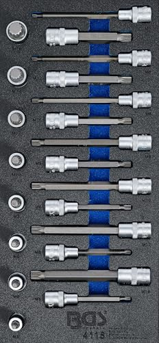 BGS 4118 | Bit-Einsatz-Satz | Innenvielzahn (für XZN) | 22-tlg. | Werkstattwageneinlage 1/3 | Antrieb Innenvierkant 12,5 mm (1/2) | Längen 55, 100 und 140 mm | Chrom-Vanadium-Stahl (S2)