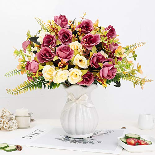 LESING Künstliche Seidenrose mit Vase, Kunstblumen, Hochzeitsblumen, Blumensträuße, Arrangement, Zuhause, Büro, Party, Tafelaufsatz, Tischdekoration (Violett-Rot, 1)