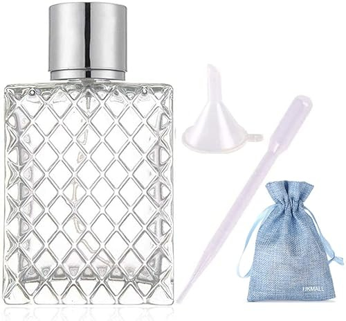 JJKMALL 100ML 3.4oz Glass Spray Bottles for Essential Oils, Perfumes, Empty Clear Mist Spray Bottle with Silver Aluminum Sprayer - (1Pack) Funnel Filler 3ml Dropper Storage Gift Bag
