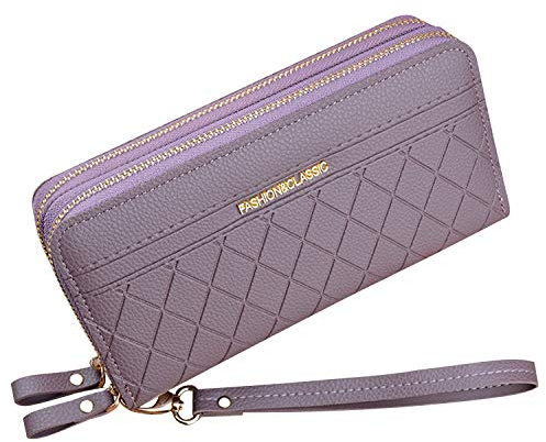 Yixuan Portefeuille pour Femme avec Double Fermeture éclair Portefeuille Portefeuille en Cuir PU pour Femme Portefeuille à Longue Pochette Grande Capacité Portefeuille Bracelet (Pourpre1)