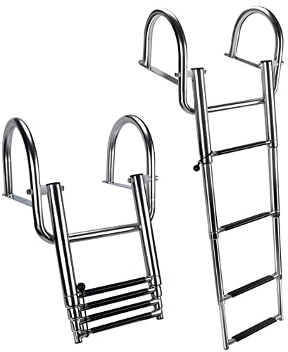 Marinebaby 4 Steps Pontoon Boat Ladder, Stainless Steel Folding Telescoping Rear Entry Inboard Ladder with Pedal Hand Railing