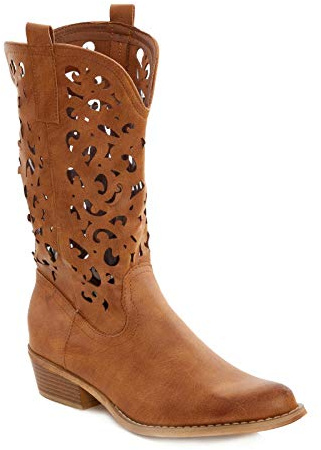 Toocool texanische Damen-Stiefel, Camperos, Western-Style, perforiert G629, Camel, 37 EU