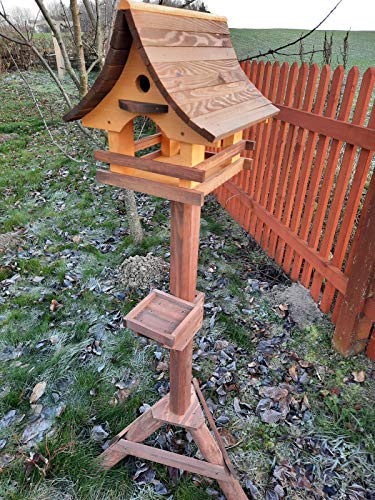 Vogelhaus mit Nistkasten und Ständer aus Holz, Futterhaus, Futterstation für Wildvögel, Vogelfutterhaus zum Stellen für den Garten oder Balkon 6 Farben (Kiefer + Rosenholz)