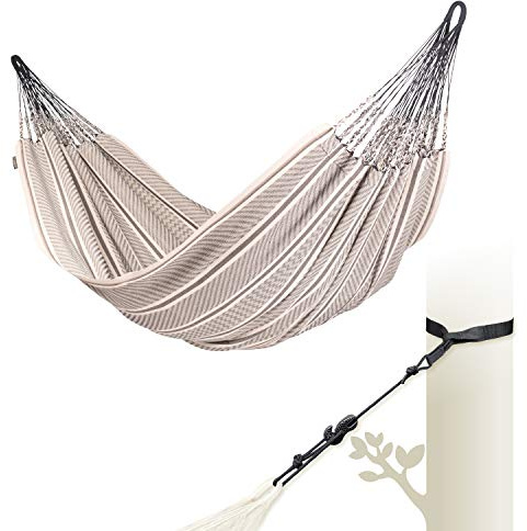 LA Siesta - Flora Zebra - Klassische King Size Hängematte aus Bio-Baumwolle + TreeMount Black - Baum- und Pfostenbefestigung
