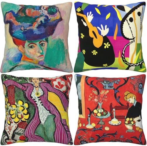 HOSTECCO Matisse Pattern Throw Pillow Covers 18x18 inches Set of 4 Abstract Art Painting Pillow Cases Aesthetic Decorative Cushion Covers for Sofa Couch Living Room